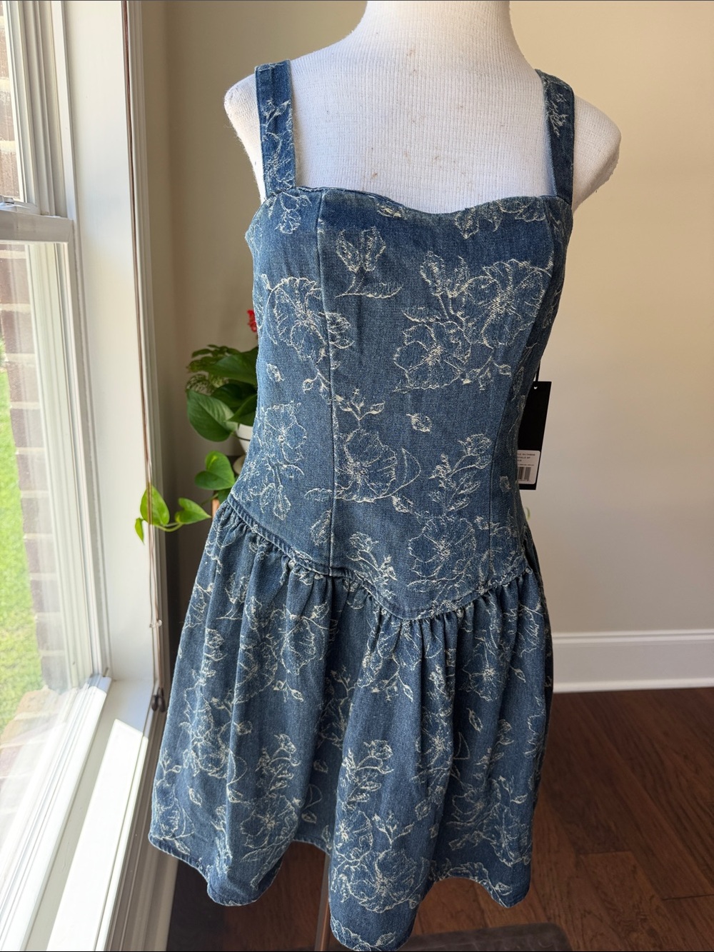 NVLT Indigo Denim Floral Sweetheart Mini Dress